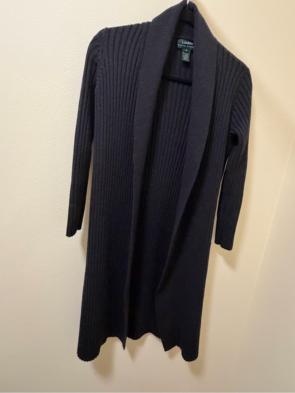 Lauren Ralph Lauren Black Ribbed Open-Front Shawl Collar Cardigan